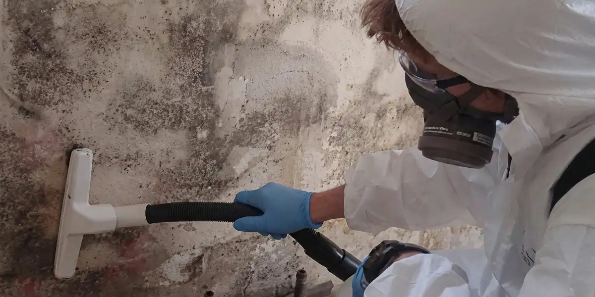 professional mold removal technician wearing protective equipment removing mold from a wall in Memphis, TN